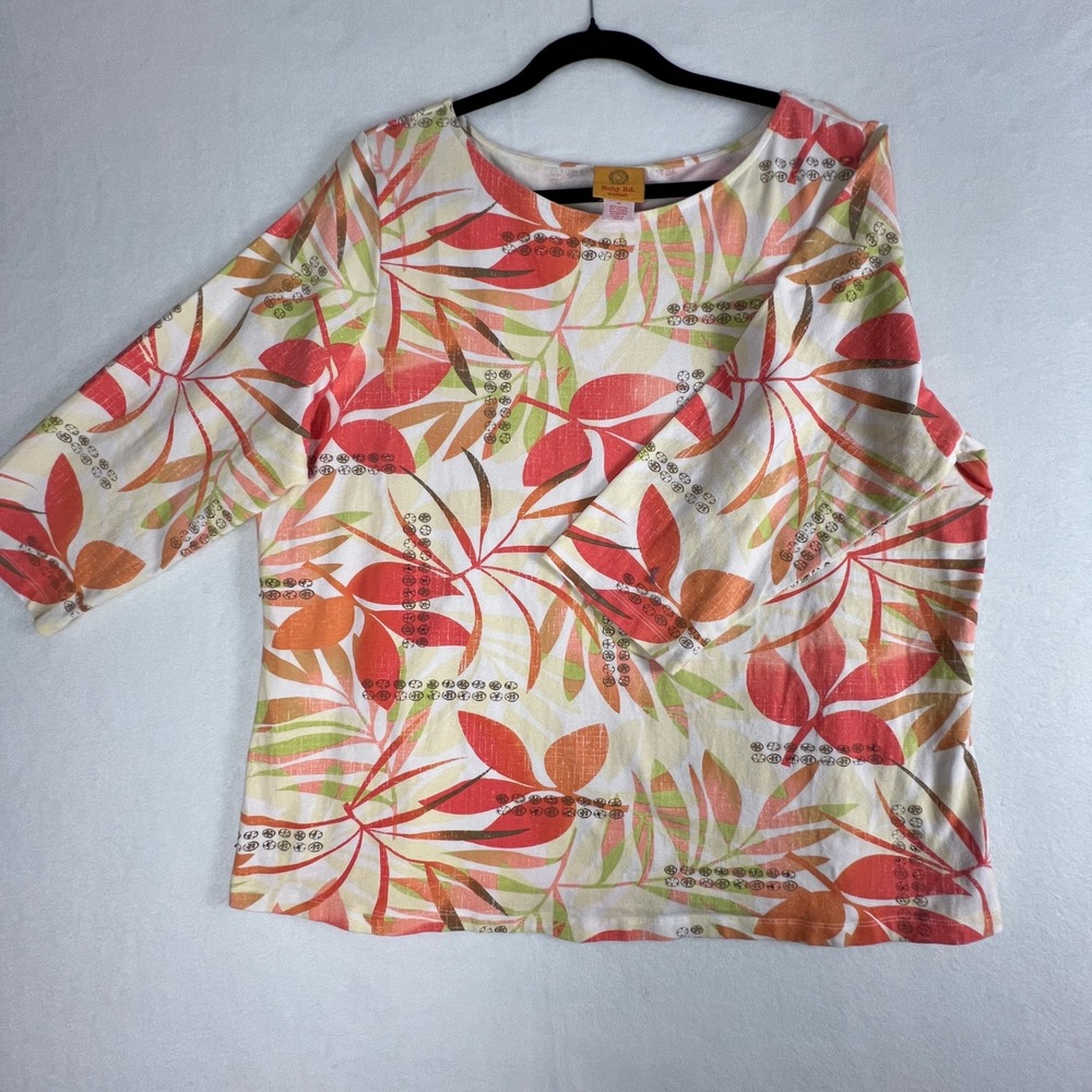 Ruby Rd Woman Plus 1X Tropical Floral Beaded 3/4 Sleeve Top Orange Green Leaf